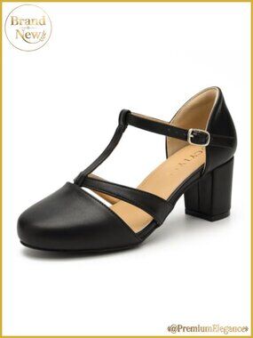 Faux Leather Mary Jane T-Strap Block Heel Pumps for Work